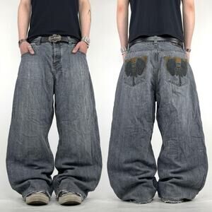 Vintage faded black embroidered y2k baggy wide leg skater grunge jeans